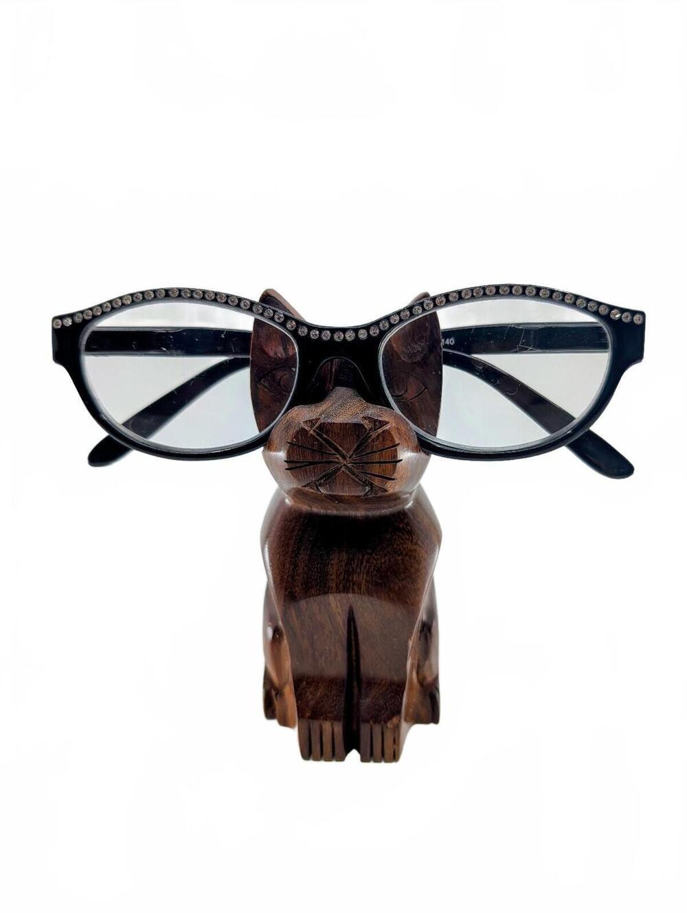 Matr Boomie Hand Carved Indian Rosewood Cat Eyeglass Holder Stand AEH 342